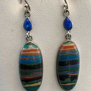 Artisan Made Rainbow Calsilica and Created Opal Sterling Silver Dangle Earrings